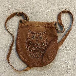 Owl Embellished Brown Crossbody Bag